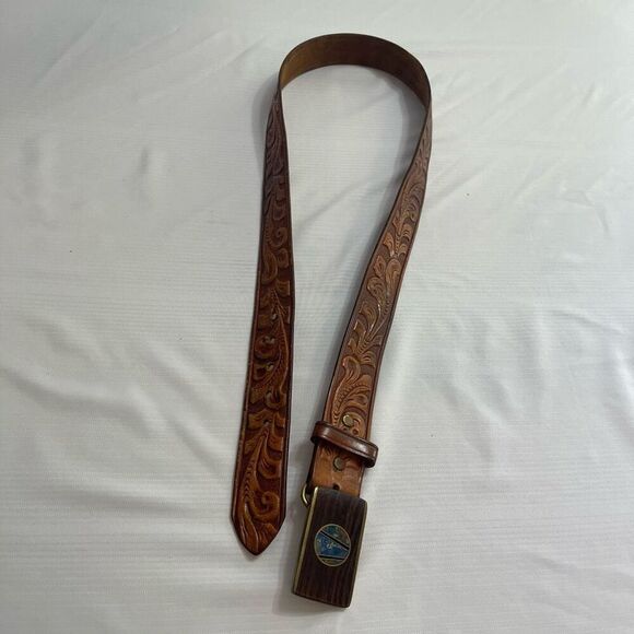 Santa Fe Stoneworks Brown Tooled Vintage Belt Size 38 - Picture 7 of 7
